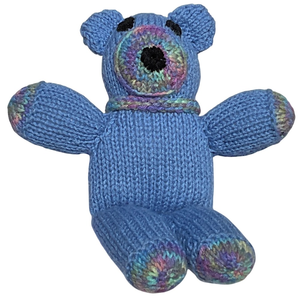 Handmade Blue Knit Teddy Bear Plush Rainbow Accents Nose and Paws 12"